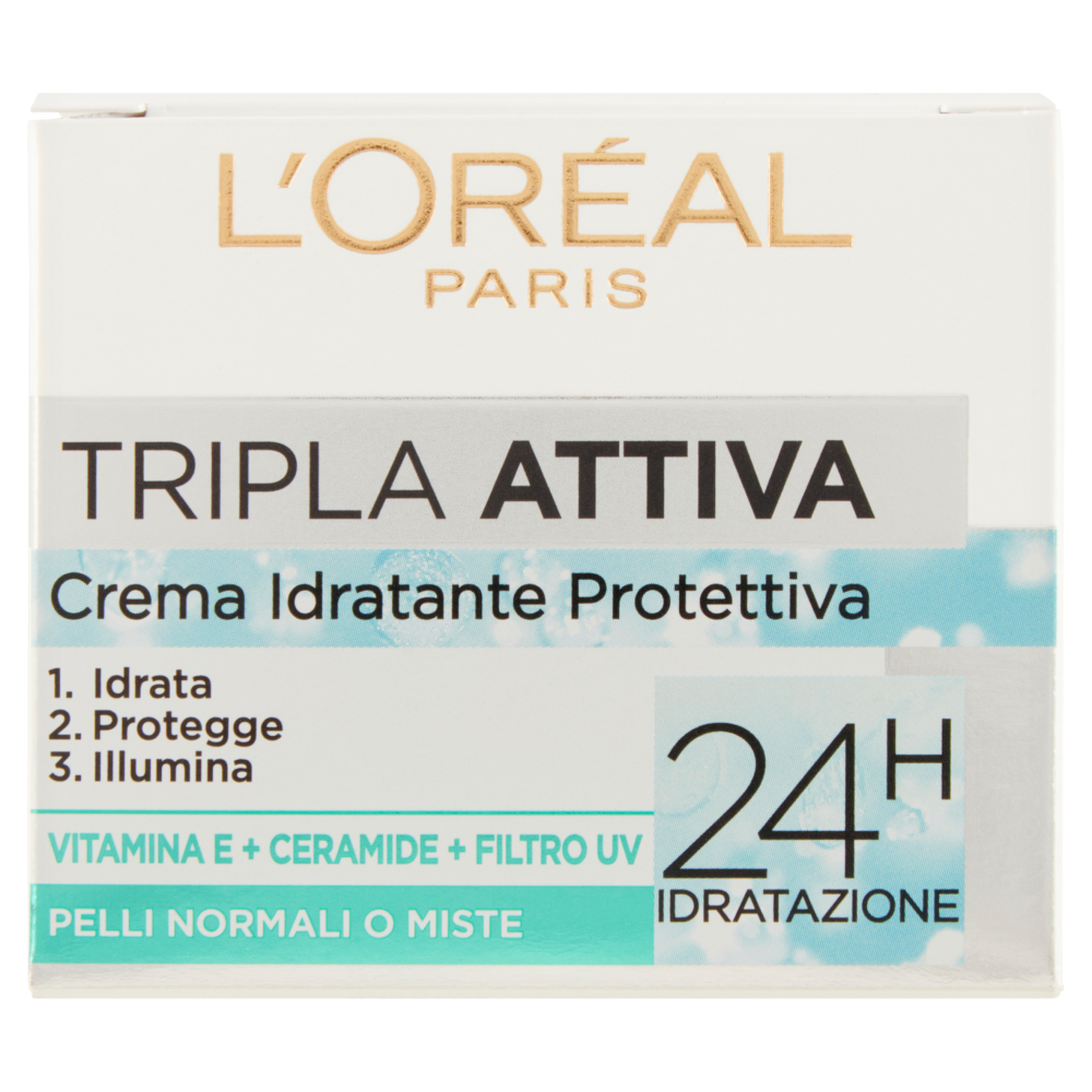 L'Oréal Paris Tripla Attiva Crema Idratante Viso, per Pelli Normali e Miste, 50 ml