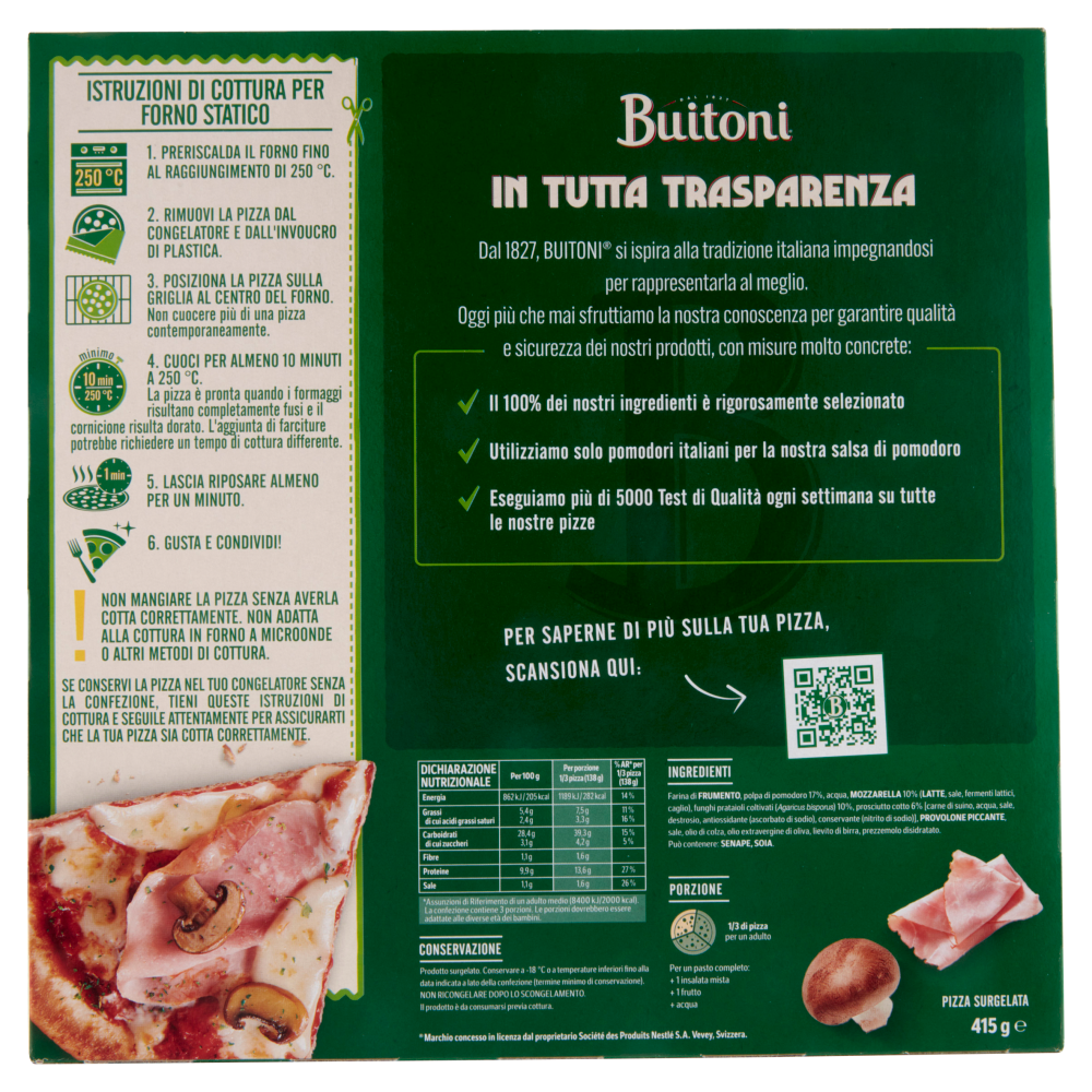 BUITONI Bella Napoli Boscaiola Pizza Surgelata con Prosciutto Cotto e