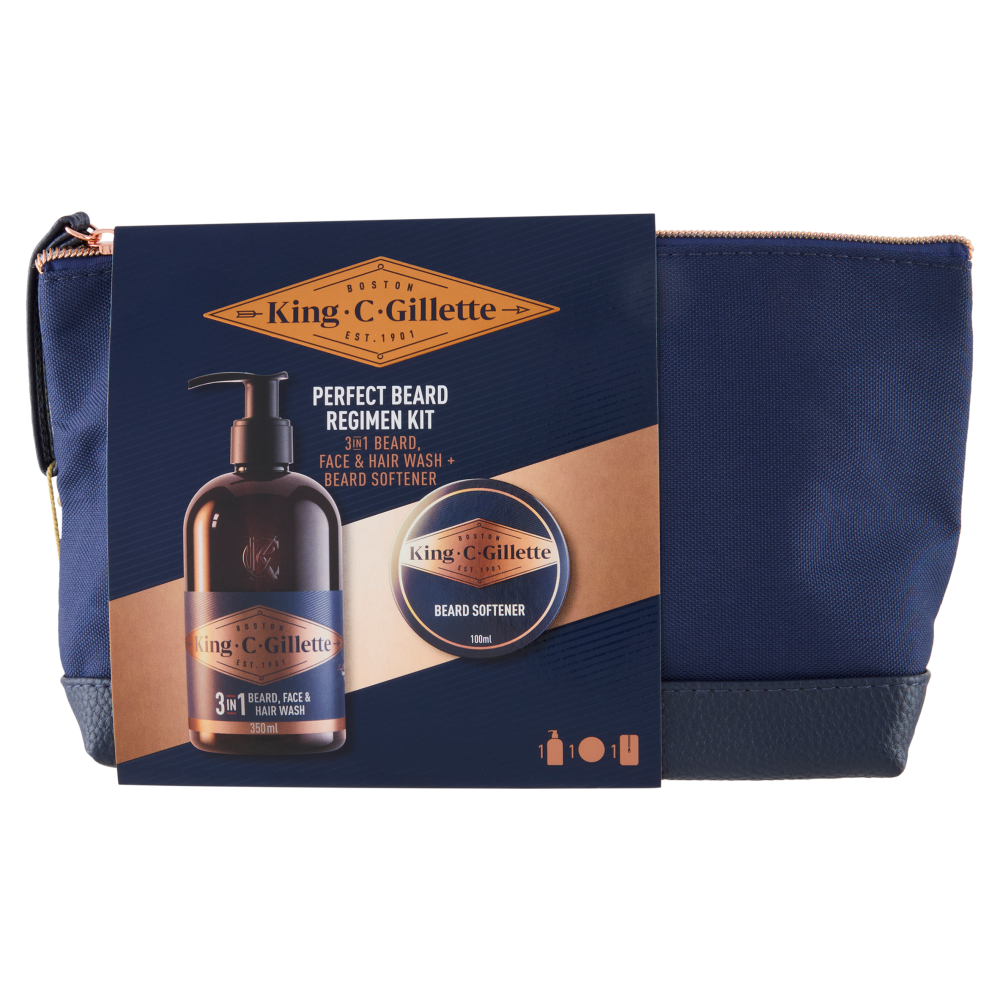 King C Gillette Perfect Beard Regimen Kit 3in1 Detergente 350ml + Balsamo 100ml + Pochette