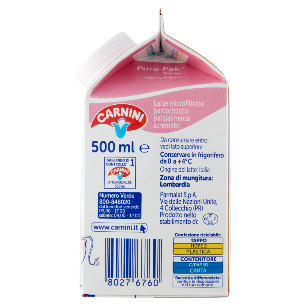 Carnini Latte Parzialmente Scremato Lombardo Microfiltrato Pastorizzato 500 ml