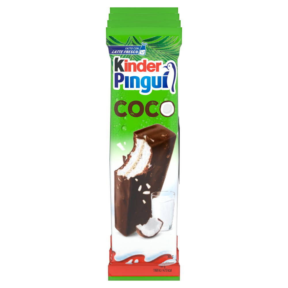 Kinder Pingu&igrave; Cocco: merenda con cioccolato fondente, pan di spagna e ripieno al latte e cocco 4x30g