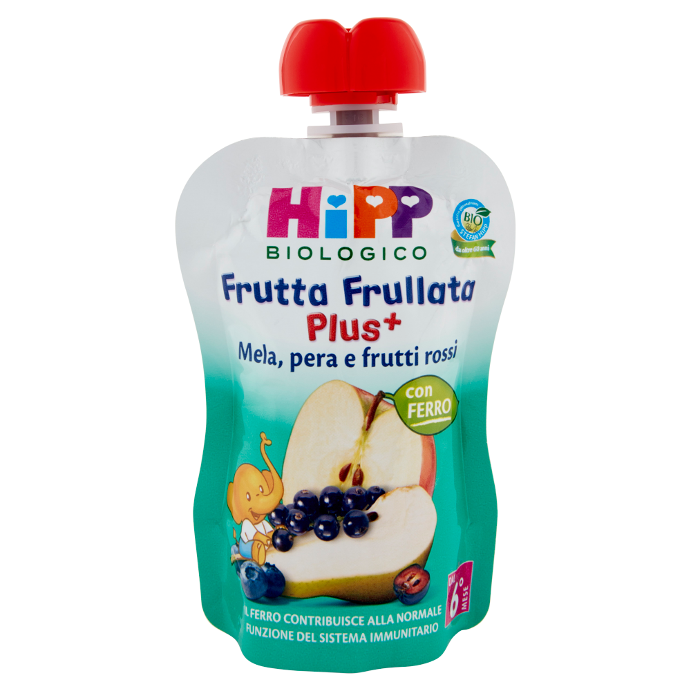 HiPP Biologico Frutta Frullata Plus⁺ Mela, pera e frutti rossi con ferro 90 g