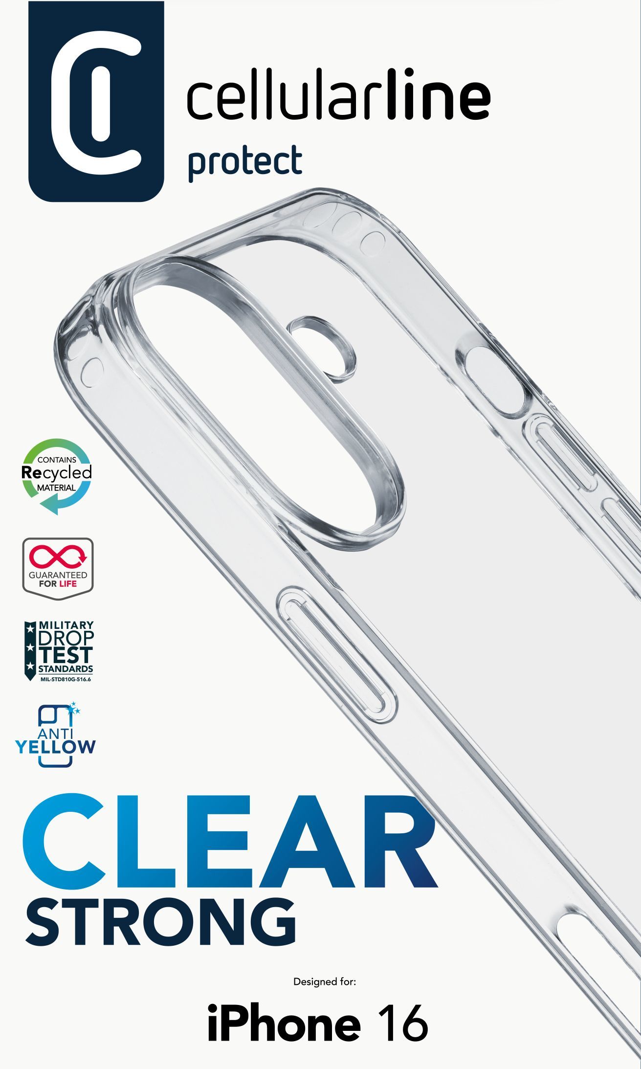 Cellularline Clear Strong - iPhone 16 Custodia rigida con bordi in gomma