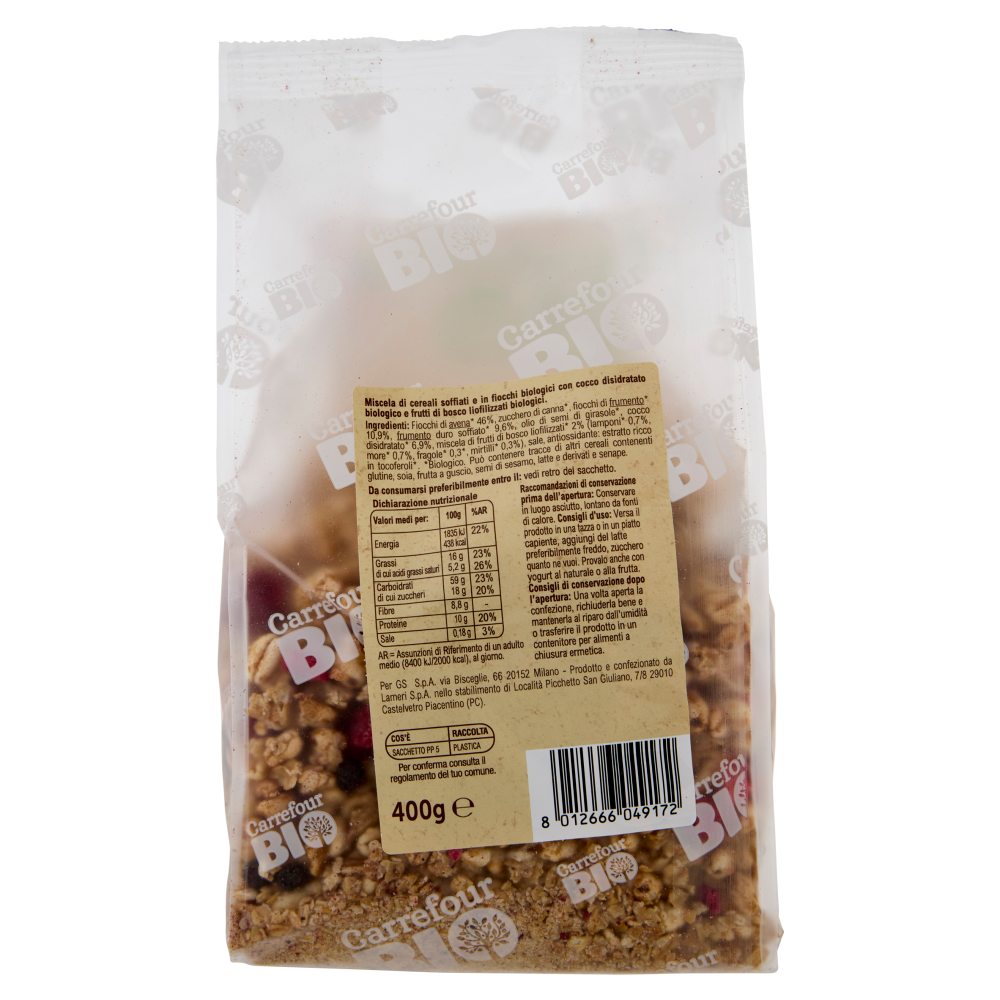 Carrefour Bio Crunchy Crispy Avena Cocco e Frutti di Bosco 400 g