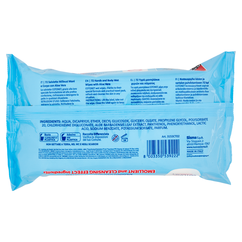 Cotonet Salviette Milleusi Mani e Corpo con Aloe Vera 72 pz