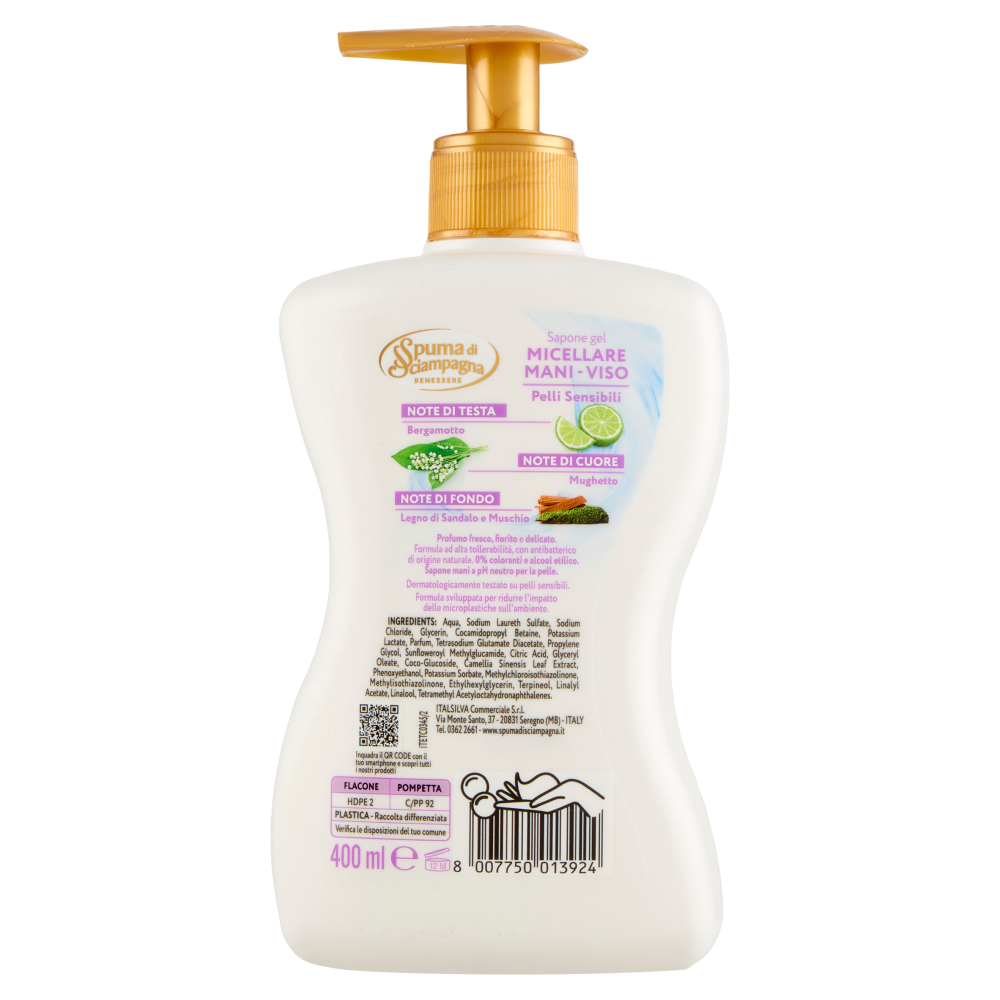 Spuma di Sciampagna Benessere Sapone gel Micellare Mani-Viso Pelli Sensibili 400 ml