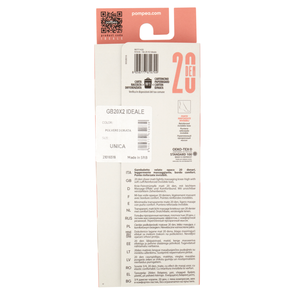 pompea Ideale Gambaletto velato opaco con bordo soft comfort 20 Den Tg. Unica Polvere Dorata 2 Paia