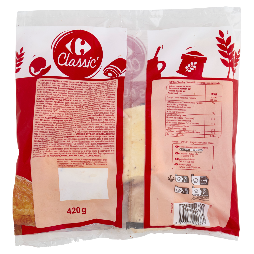 Carrefour Classic 6 Pains au Chocolat Surgelato 420 g
