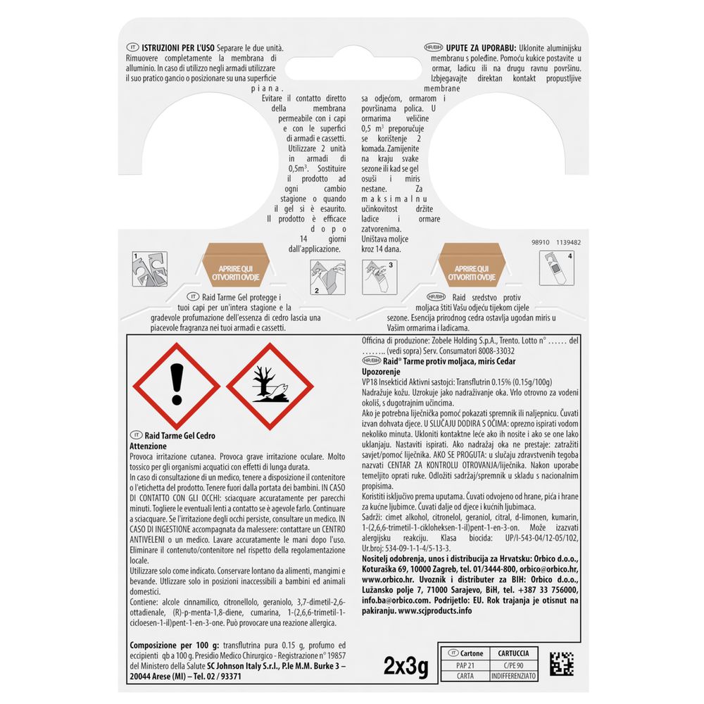 Raid Anti Tarme Gel Vestiti, Per Capi Piacevolmente Profumati, Fragranza al Cedro, 2 Pezzi