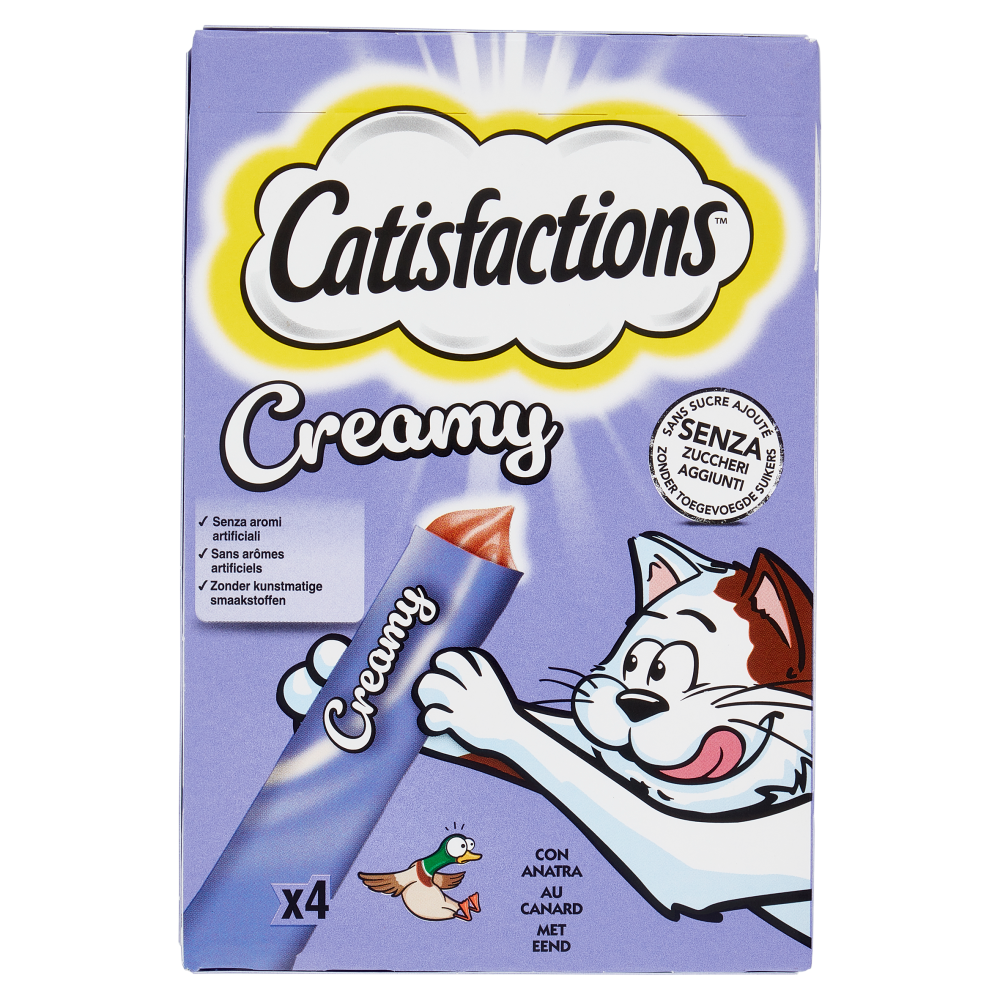 Catisfactions, Snack Cremoso Liquido per Gatto, con succulenta Anatra, 4 Confezioni da 10 g