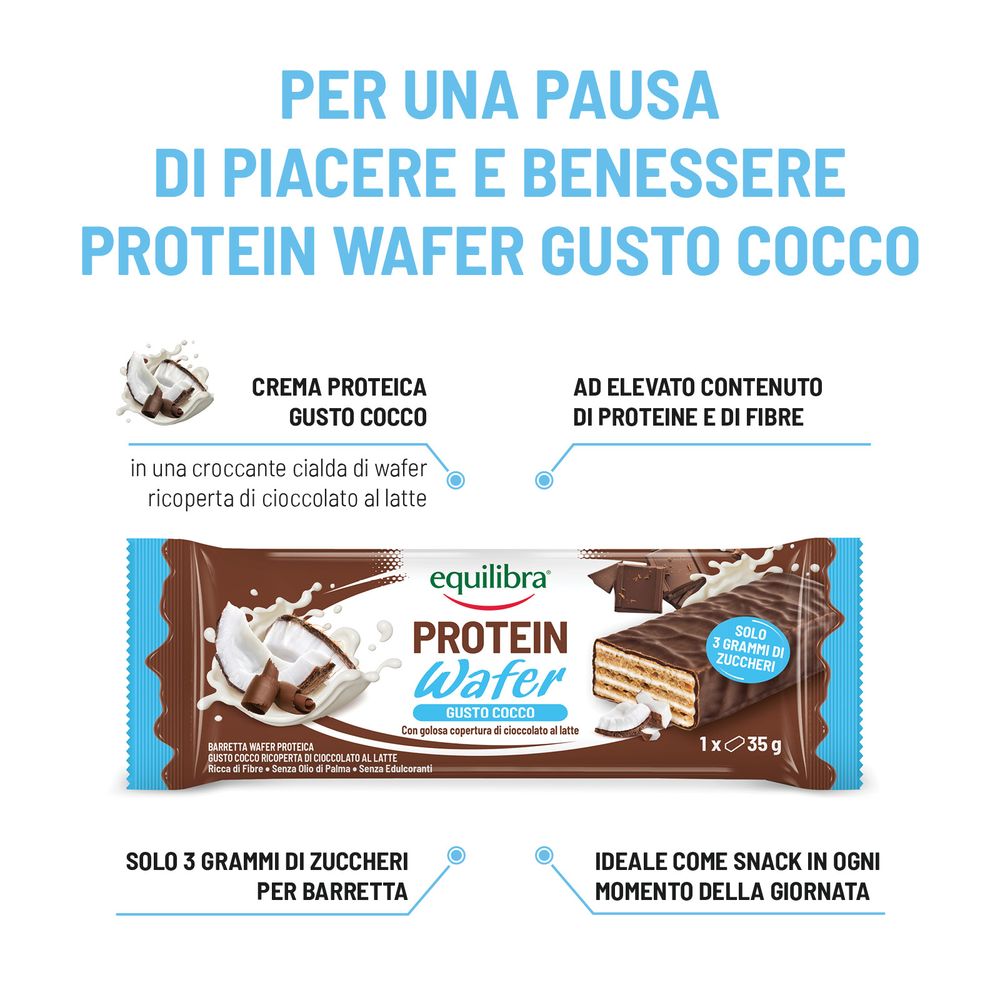 Equilibra Barretta Protein Wafer Gusto Cocco con golosa copertura di cioccolato al latte 35 g