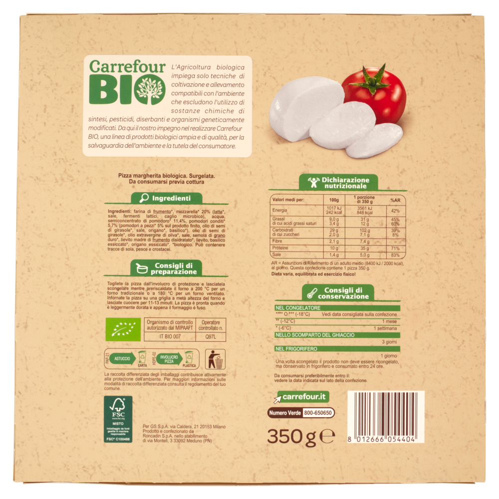 Carrefour Bio Pizza Margherita Surgelata 350 g