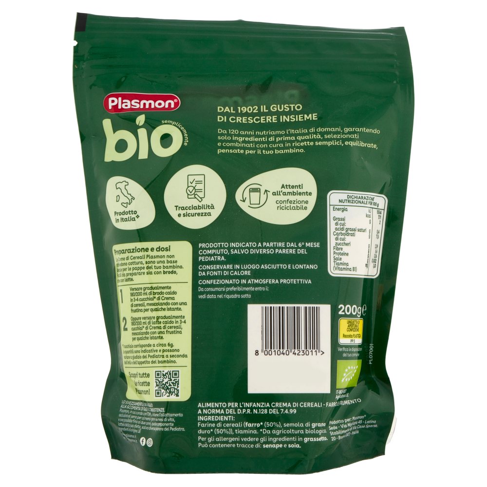 Plasmon semplicemente bio crema di farro e frumento 200 g
