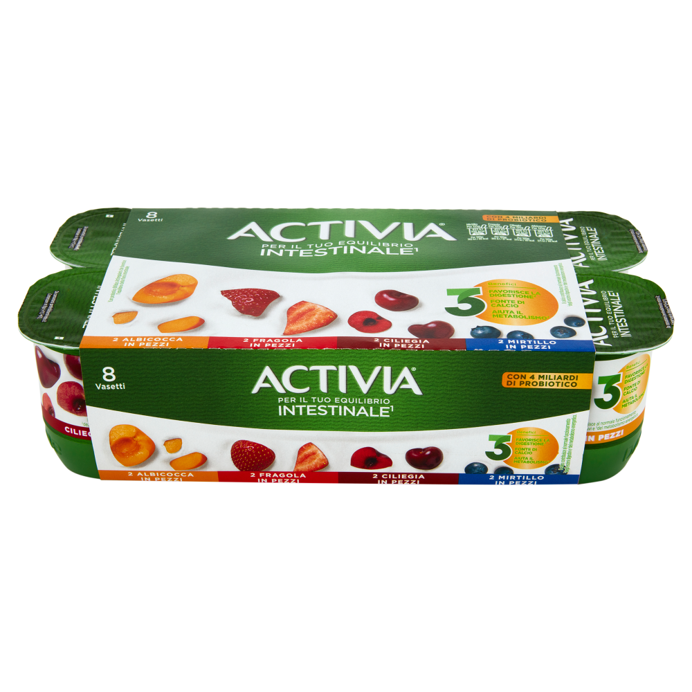 ACTIVIA Yogurt con Probiotico Bifidus, mix di gusti Mirtillo/Fragola/Ciliegia/Albicocca, 8x125g