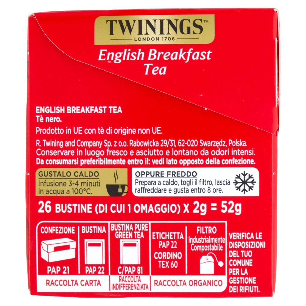 Twinings English Breakfast Tea Tè Nero 25 filtri +1 omaggio The 52 g