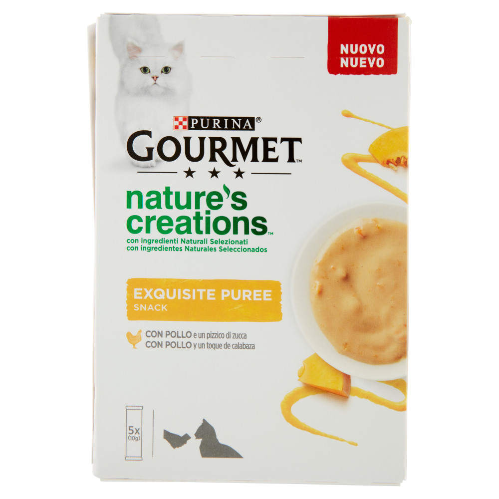 PURINA GOURMET Snack gatto Nature's Creations Exquisite Puree con Pollo e Zucca Multipack 5x10g