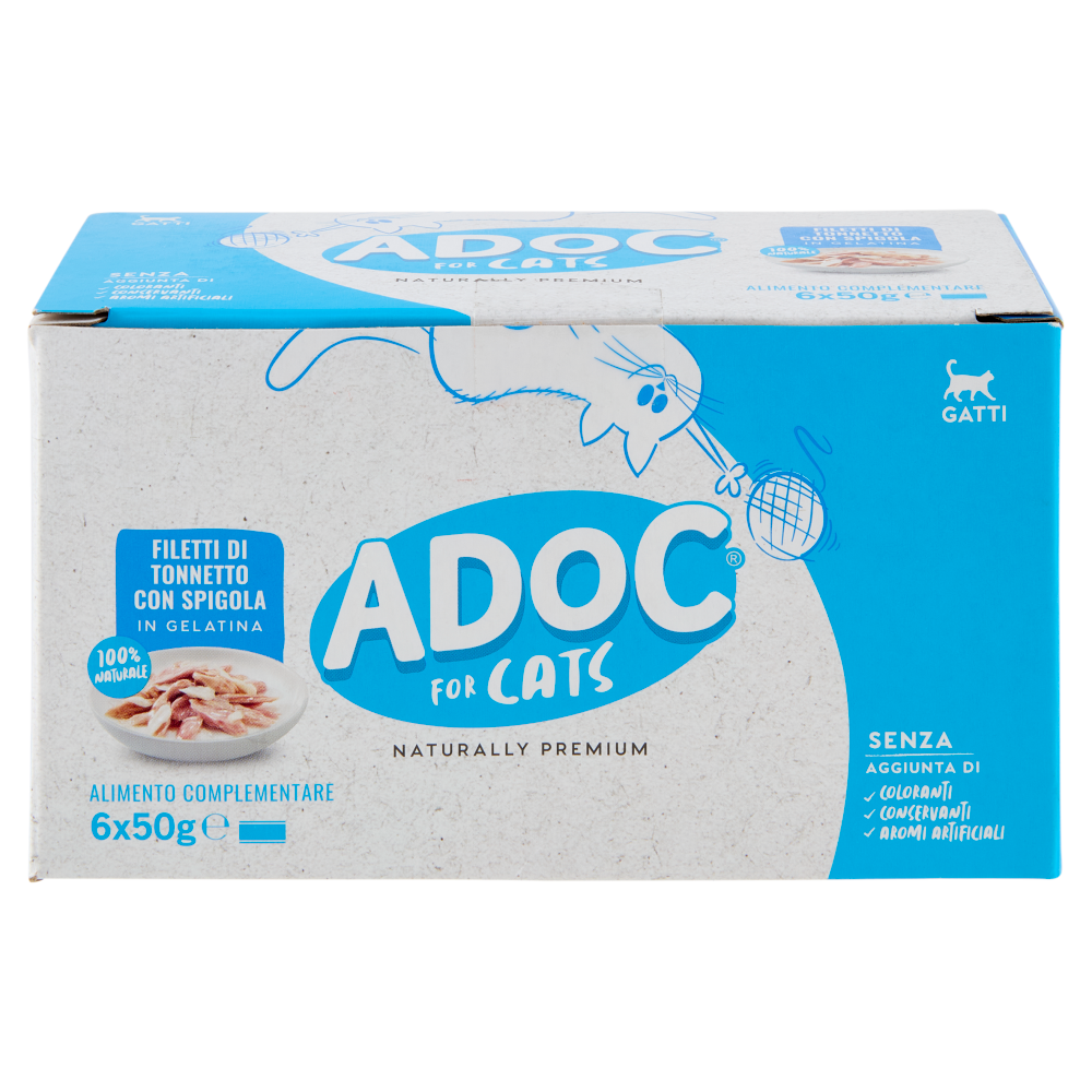 ADoC For Cats Naturally Premium Filetti di Tonnetto con Spigola in Gelatina 6 x 50 g