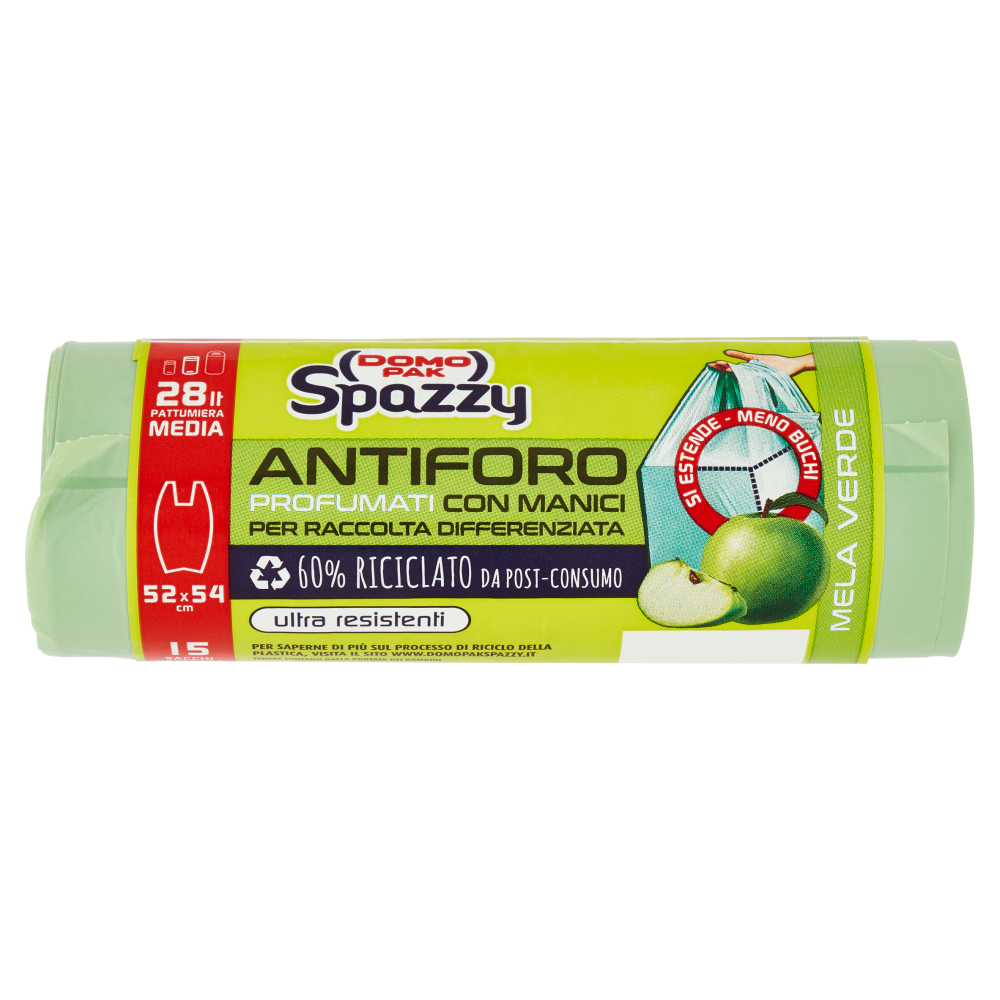 Domopak Spazzy Antiforo Profumati con Manici 28 lt Pattumiera Media 52x54 cm Mela Verde 15 pz