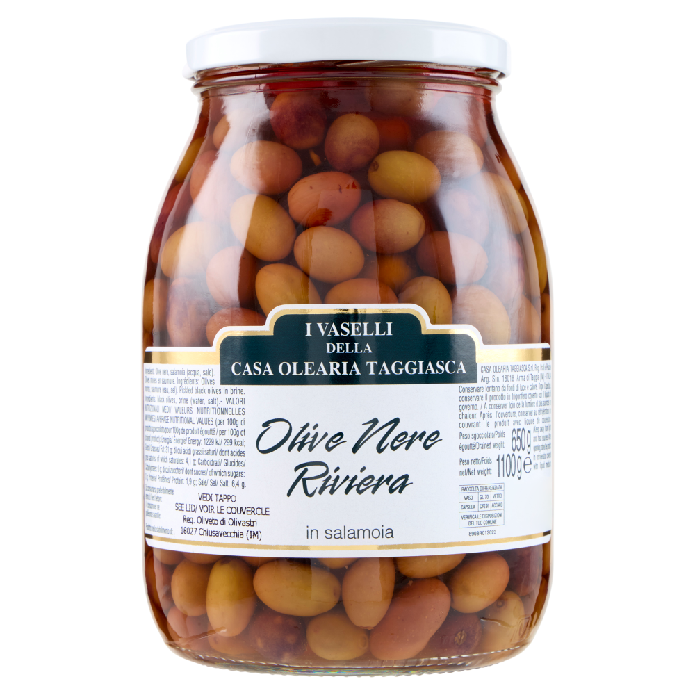 I Vaselli della Casa Olearia Taggiasca Olive Nere Riviera in salamoia 1100 g