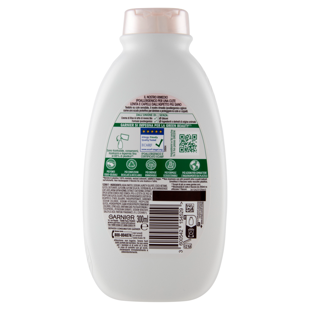 Garnier Ultra Dolce Shampoo Delicatezza D'Avena capelli delicati Crema di riso e latte d'avena 300ml