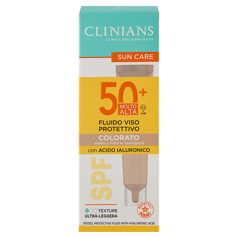 Clinians Sun Care Fluido Viso Protettivo Colorato con Acido Ialuronico SPF 50+ Molto Alta 40 mL