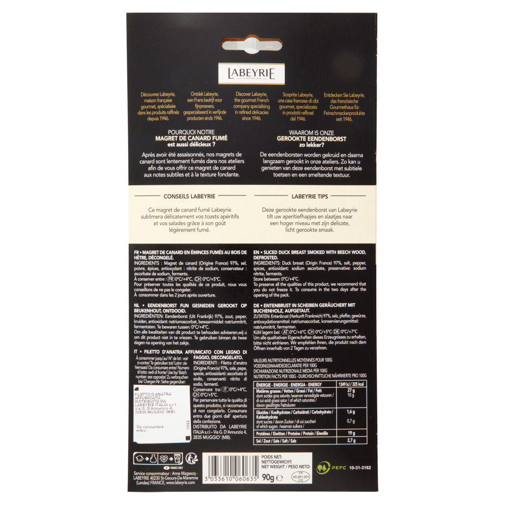 Labeyrie le Magret Fumé Magret de Canard Fumé au Bois de Hêtre, Petto d'Anatra Affumicato 90 g