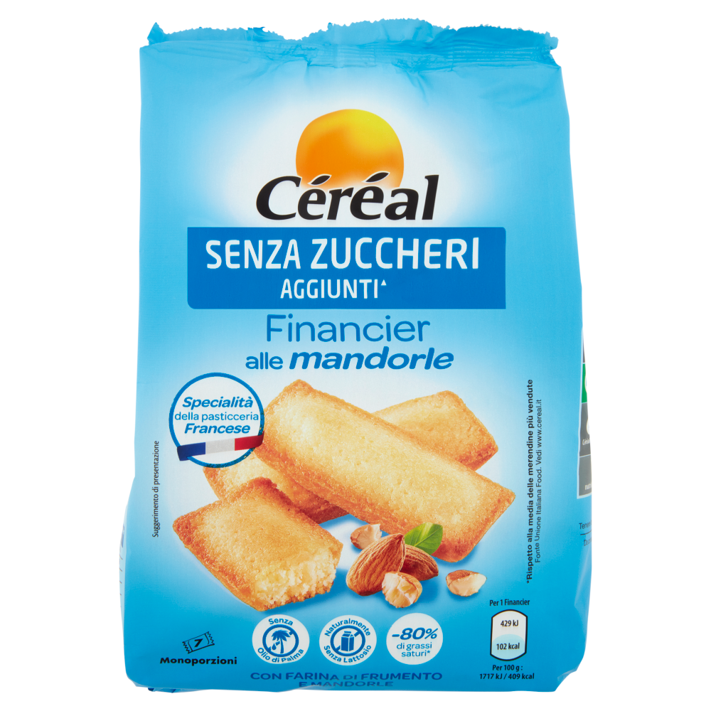 C&eacute;r&eacute;al Senza Zuccheri Aggiunti* Financier alle Mandorle Senza Olio di Palma, 7 monoporzioni - 175g