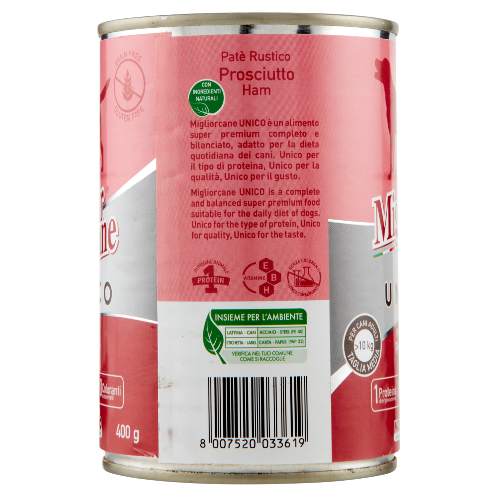 Migliorcane Unico Patè Rustico Prosciutto per Cani Adulti >10 kg Taglia Media 400 g