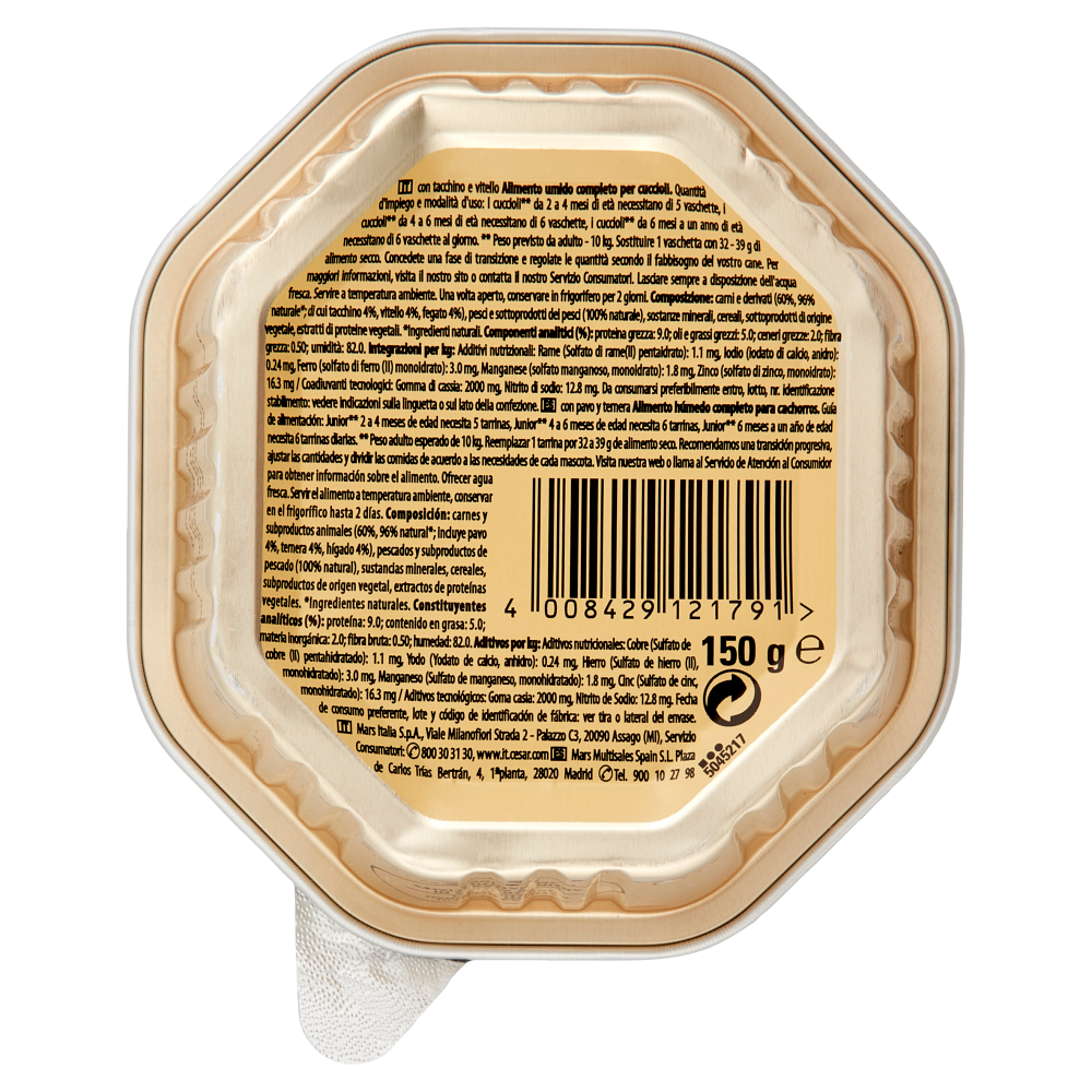 Cesar Junior Cibo Umido Cane in Vaschetta con Tenero Tacchino e Vitello 150 g