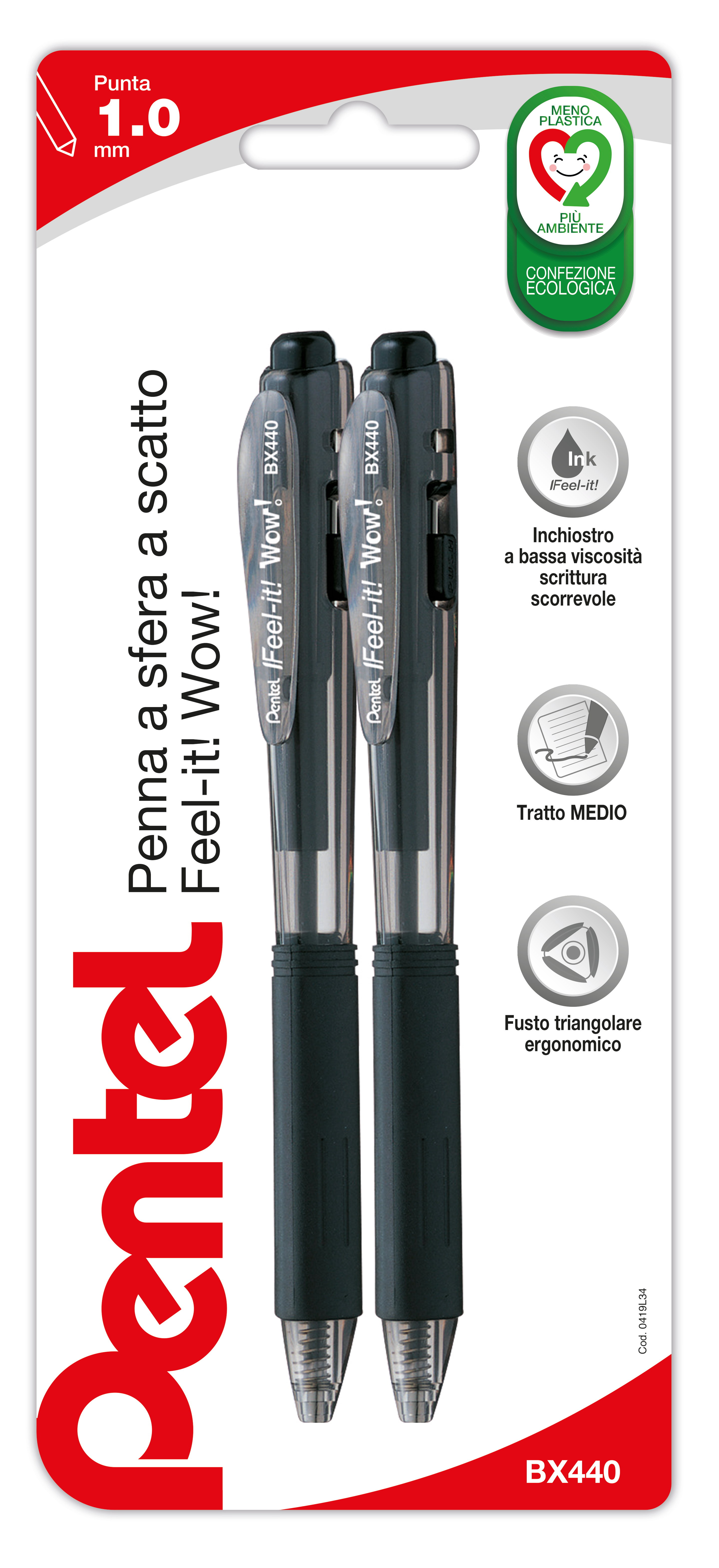 Pentel Penna a sfera a scatto Wow 1.0 mm nero 2 pz