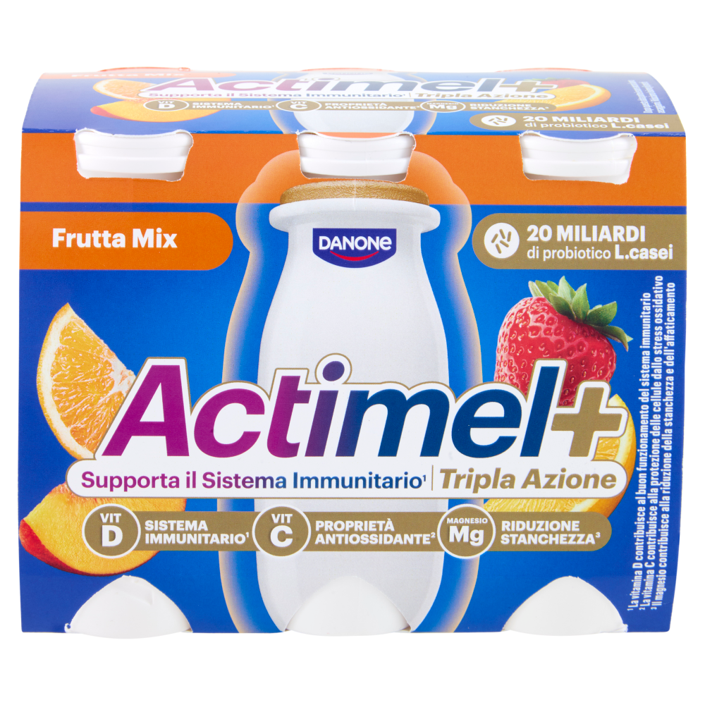 ACTIMEL Tripla Azione, Yogurt da Bere con Vitamine C, D e Magnesio, gusto Frutta mix, 6x100g