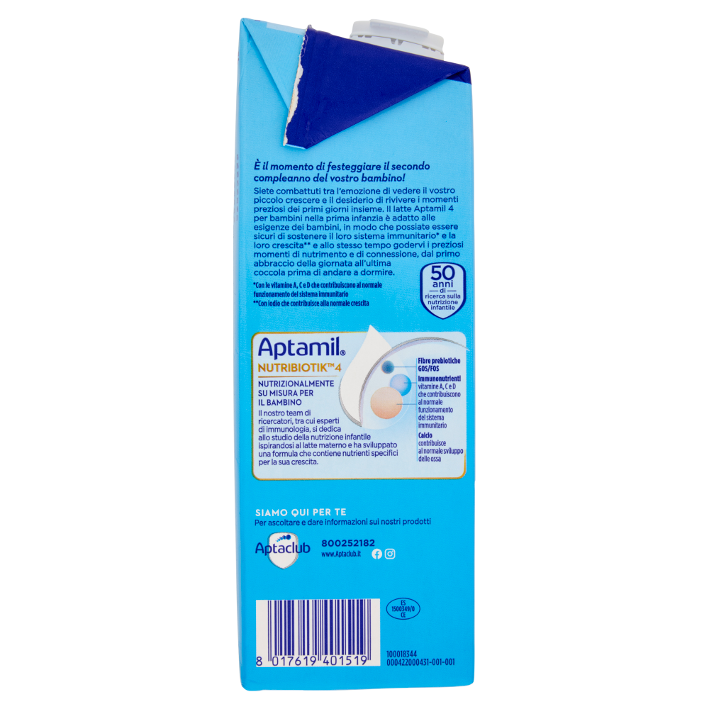 APTAMIL Nutribiotik 4 - Latte di Crescita Liquido, dal 24&deg; mese al 36&deg;, Fonte di Ferro e Fibre, 1L