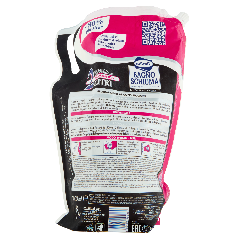 milmil Bagno Schiuma Flower Fragrance Ricarica Universale Ecologica 2 Litri
