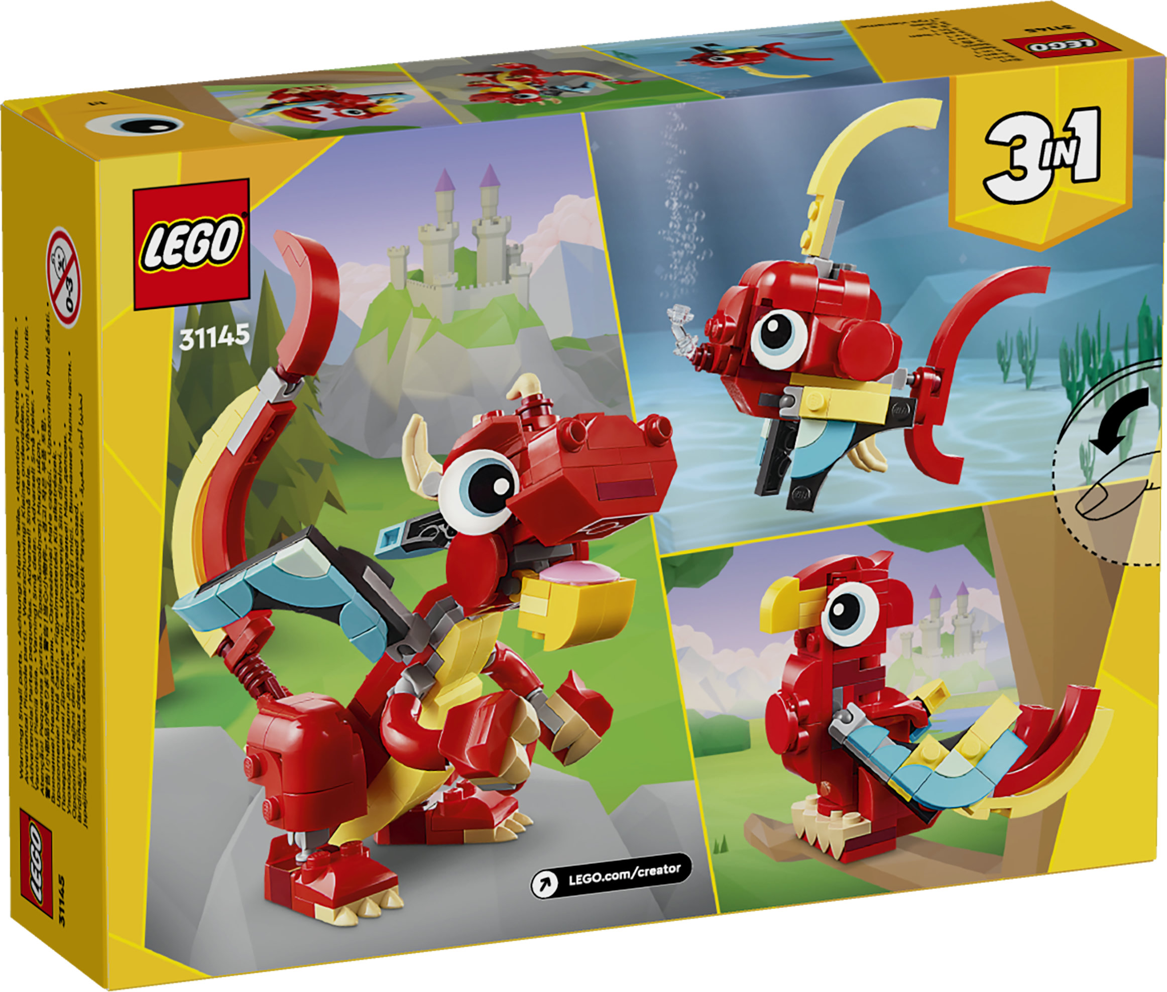 LEGO Creator 31145 3in1 Drago Rosso, Giochi per Bambini di 6+ Anni, Action Figure Ricostruibile in Pesce e Fenice Giocattolo
