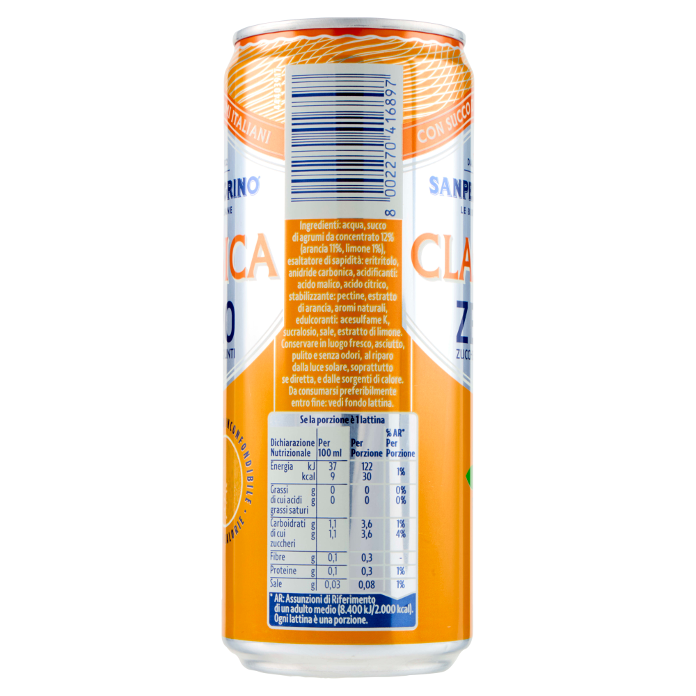 BIBITE SANPELLEGRINO, Bevande Gassate, Classica Zero, Lattina 33cl