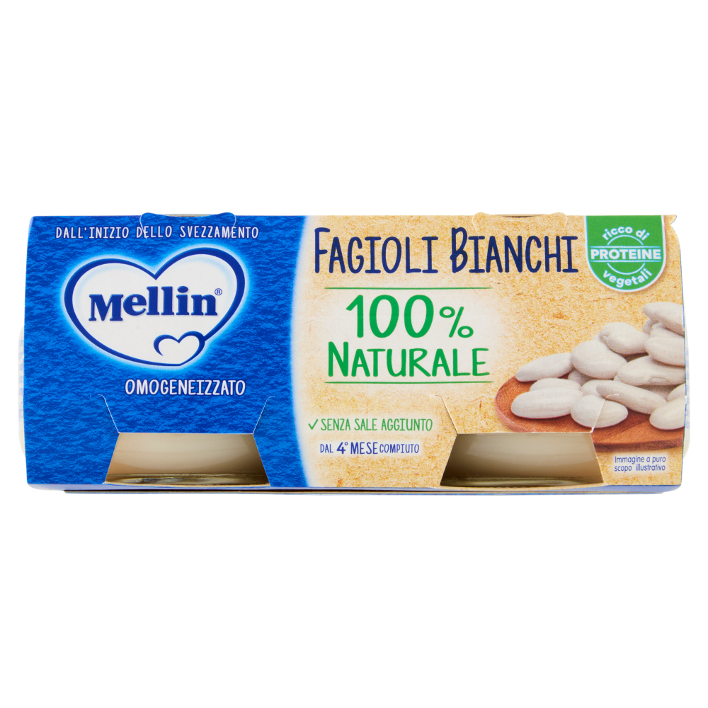 MELLIN Omogeneizzato, Fagioli Bianchi, Ricco di Proteine, 100% Vegetale, dal 4&deg; mese, 2x80 g