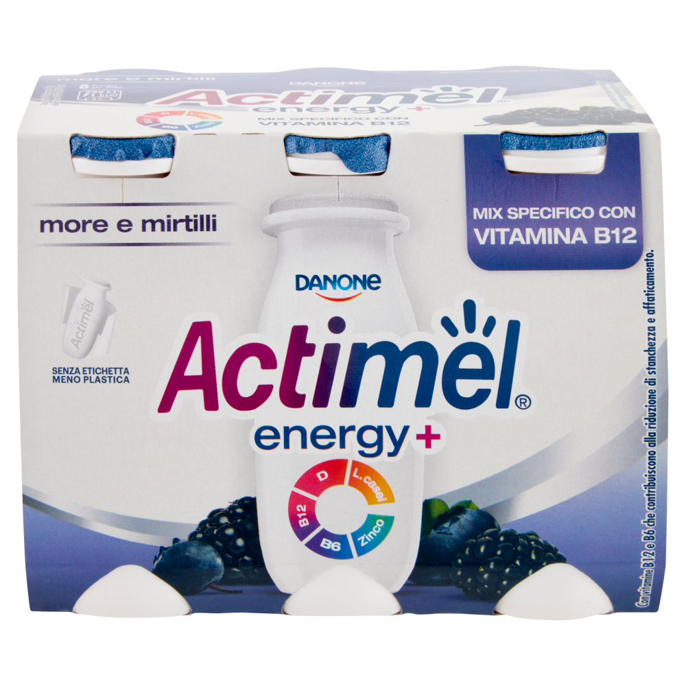 Actimel Energy+ yogurt da bere arricchito con zinco, calcio, vitamine, gusto more e mirtilli 6x100ml