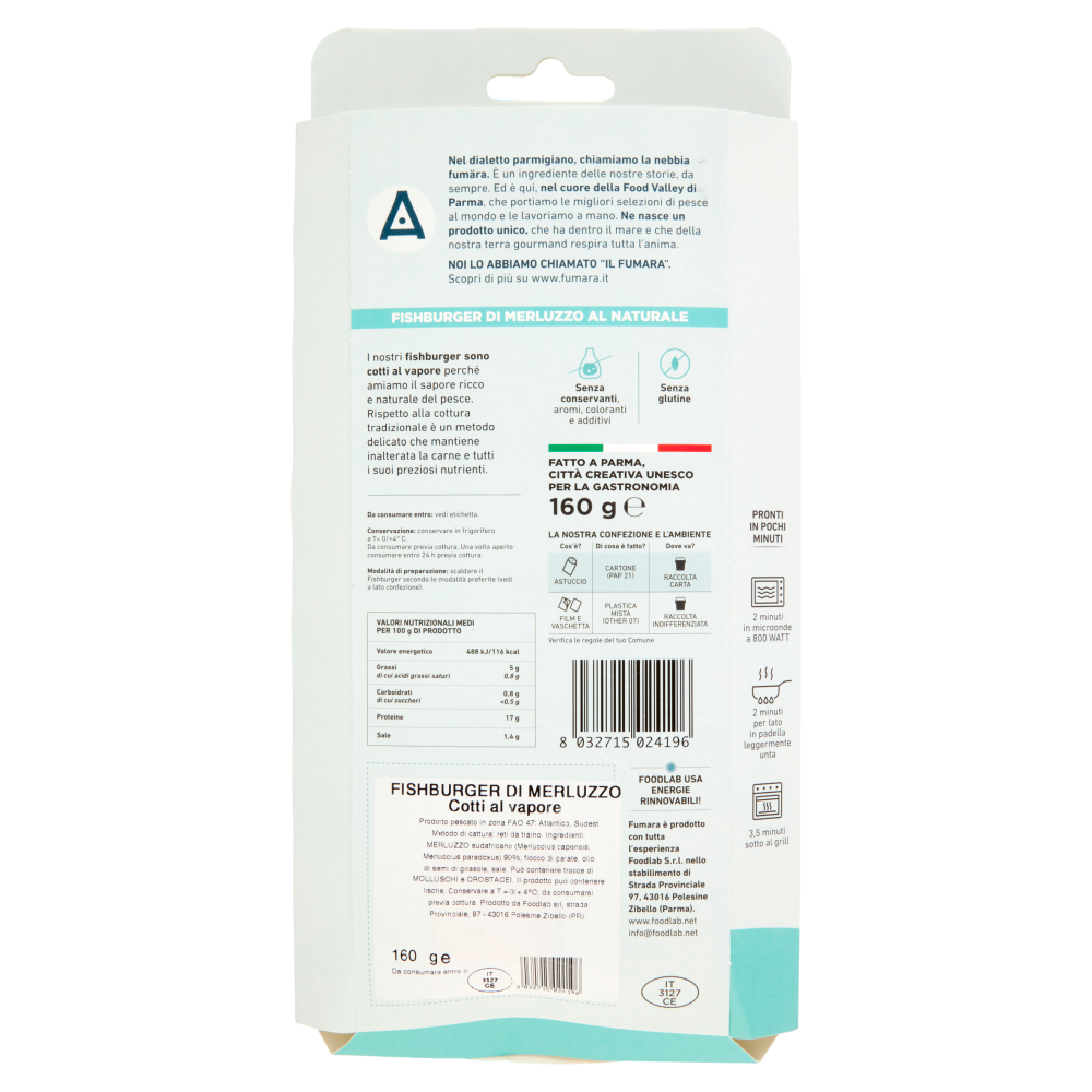 Fumara Fishburger Cotti al Vapore Solo Filetto di Merluzzo al naturale 160 g