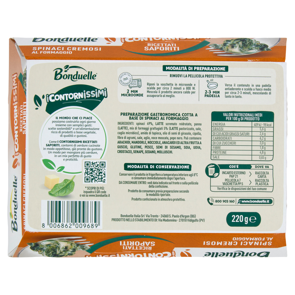 Bonduelle i Contornissimi Ricettati Saporiti Spinaci Cremosi al Formaggio 220 g
