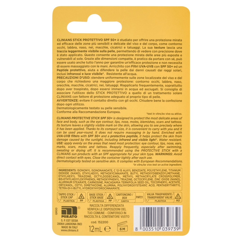 Clinians Sun Care Stick Protettivo Zone Sensibili SPF 50+ Molto Alta 12 mL