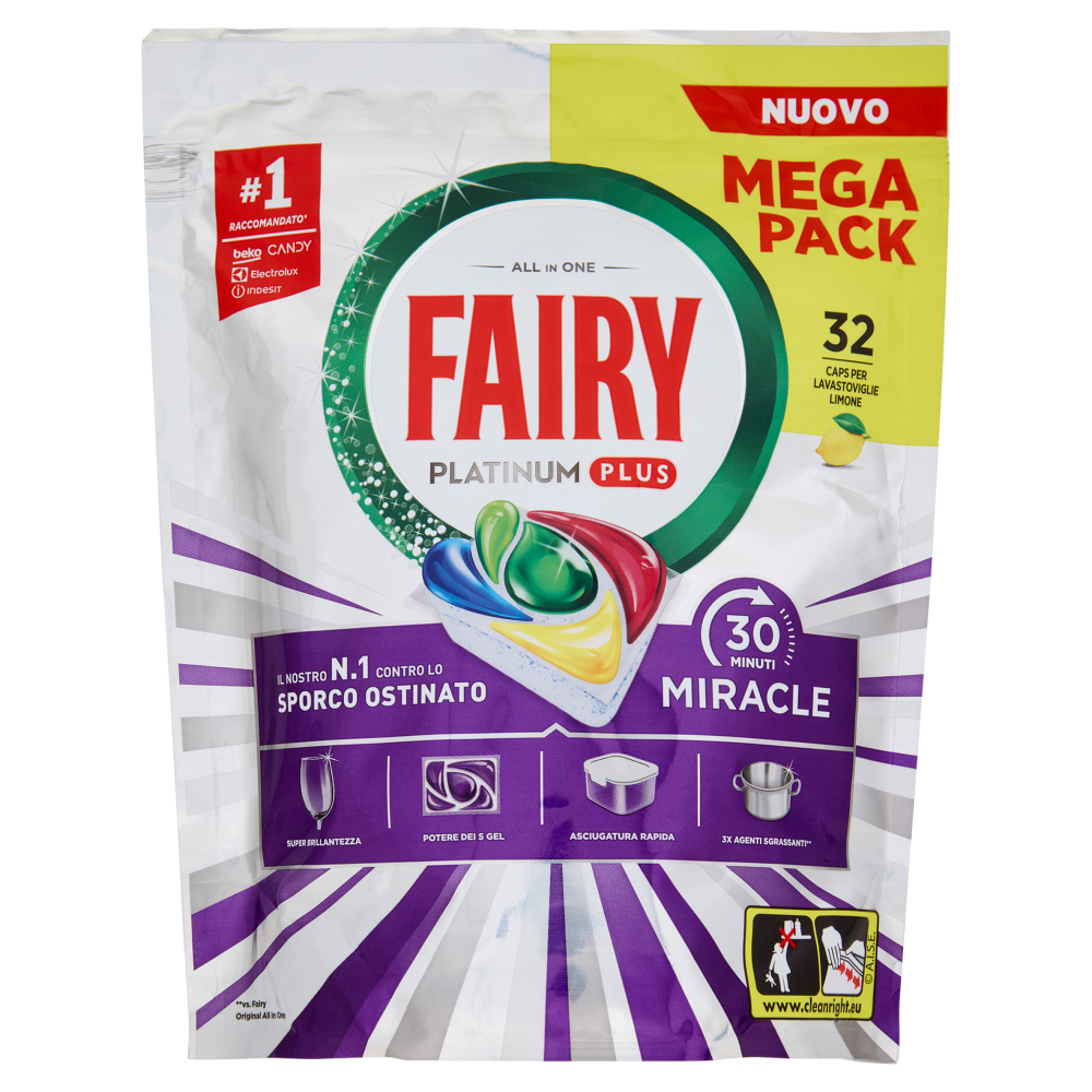 Fairy Pastiglie Lavastoviglie Platinum Plus All in One Miracle, Detersivo Piatti Limone 32 Caps 527g