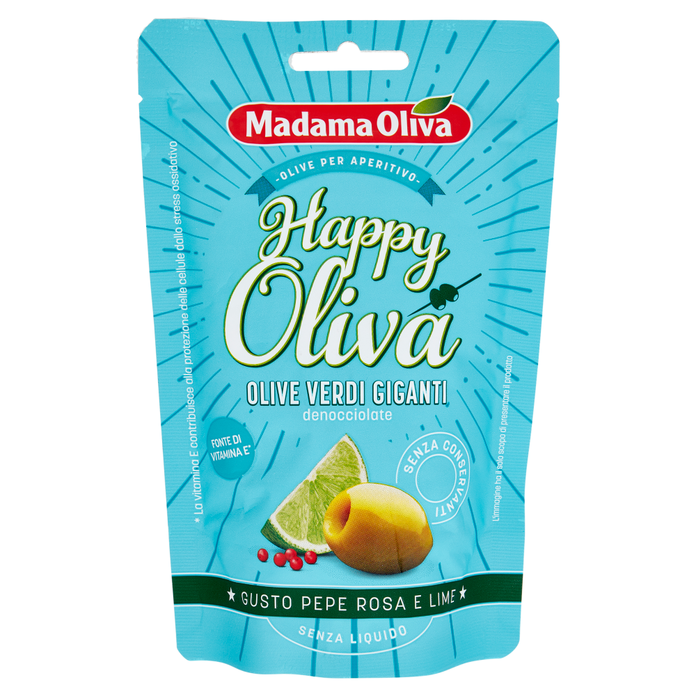 Madama Oliva Happy Oliva Olive Verdi Giganti denocciolate Gusto Pepe Rosa e Lime 80 g