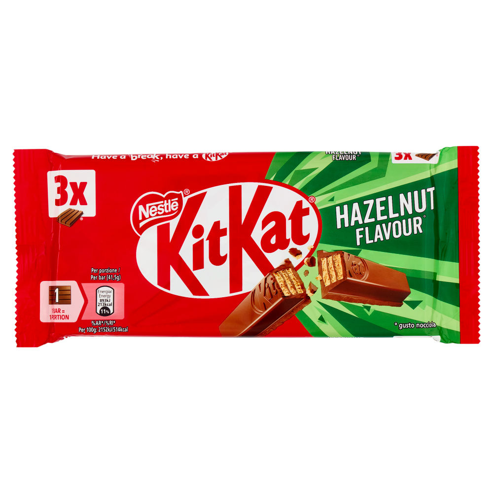 KITKAT Hazelnut Wafer ricoperto di Cioccolato al Latte al gusto Nocciola 3 Snack da 41,5g