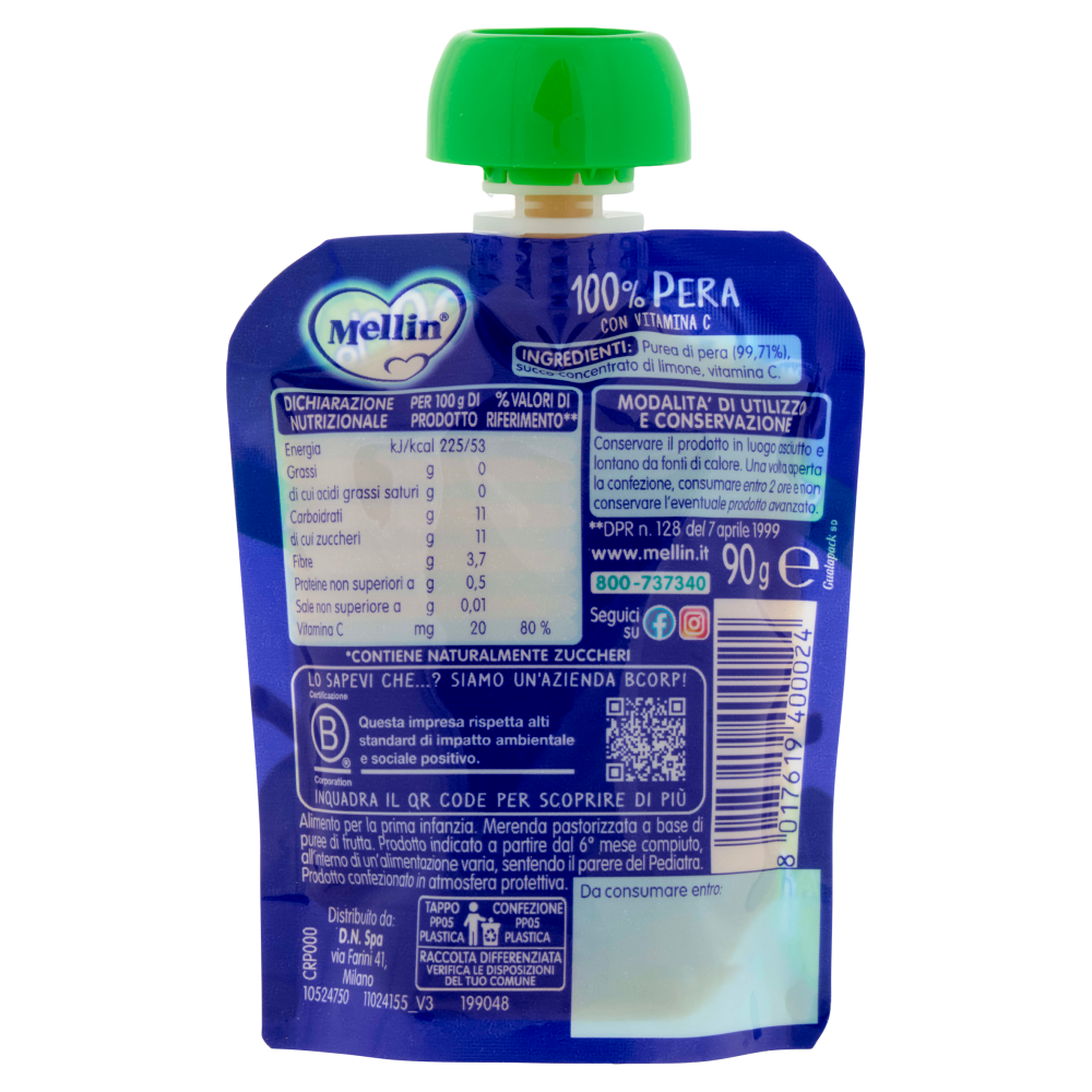 MELLIN Merenda di Frutta 100% con Vitamina C, Pera, a partire dal 6° mese, Pouch 90 g