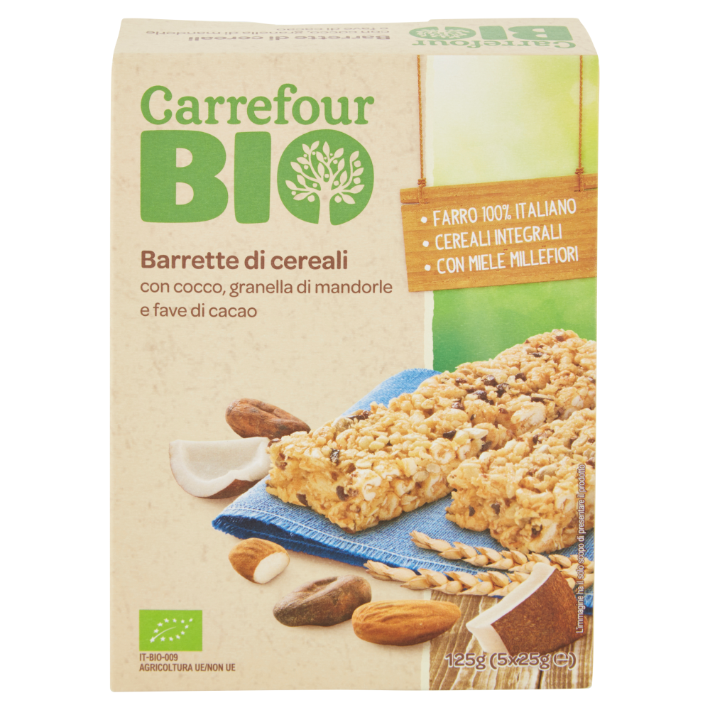 Carrefour Bio Barrette di cereali con cocco, granella di mandorle e fave di cacao 5 x 25 g