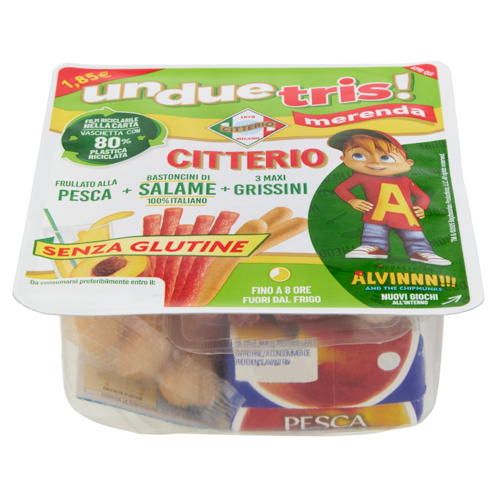 Citterio UnDueTris! merenda Frullato alla Pesca + Bastoncini di Salame + Grissini Senza Glutine 160g