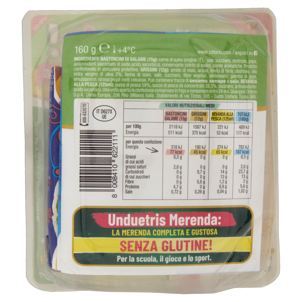 Citterio UnDueTris! merenda Frullato alla Pesca + Bastoncini di Salame + Grissini Senza Glutine 160g