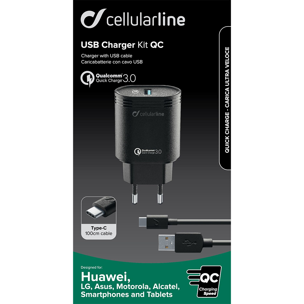 Cellularline USB Charger Kit 18W - USB-C - Huawei, Xiaomi, Wiko, Asus and other smartphone Caricabatterie da rete adattivo 18W con cavo USB-C