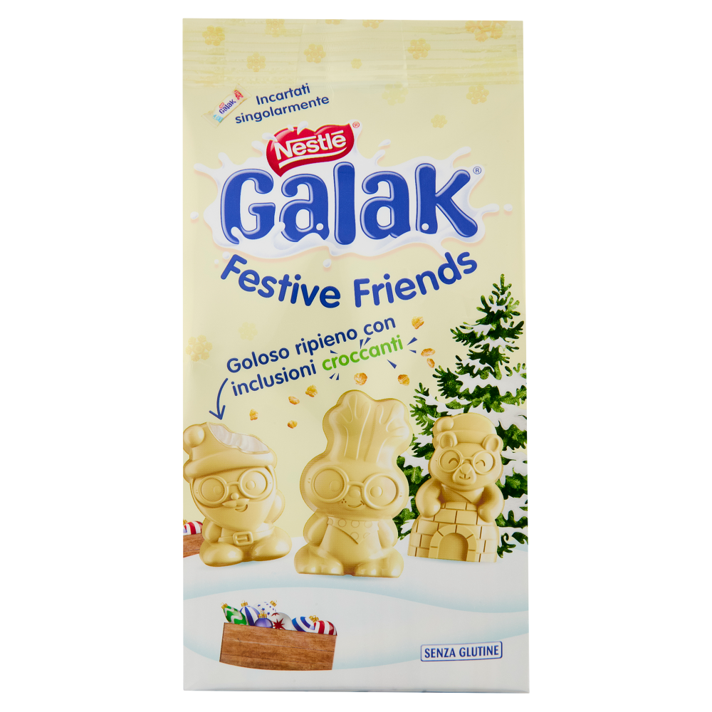 GALAK Festive Friends Personaggi di Cioccolato Bianco e Cereali Sacchetto 147g