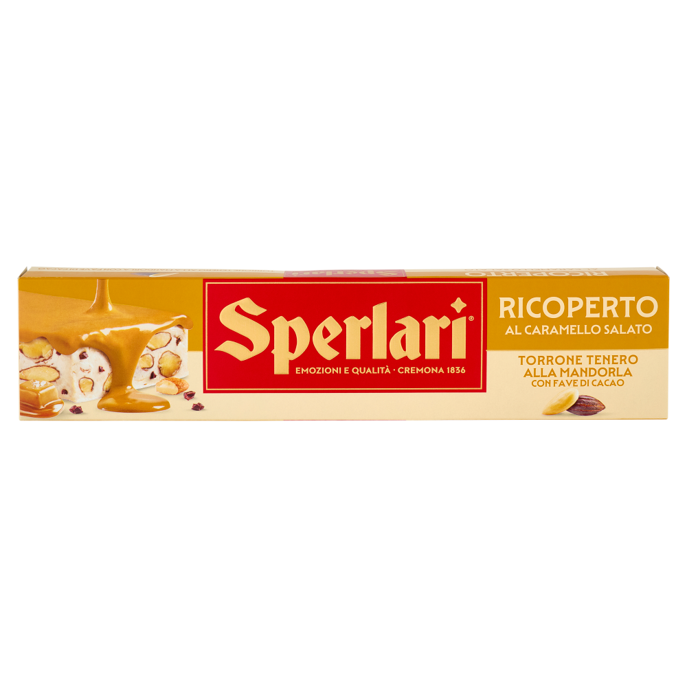 Sperlari Ricoperto al Caramello Salato Torrone Tenero alla Mandorla con Fave di Cacao 200 g